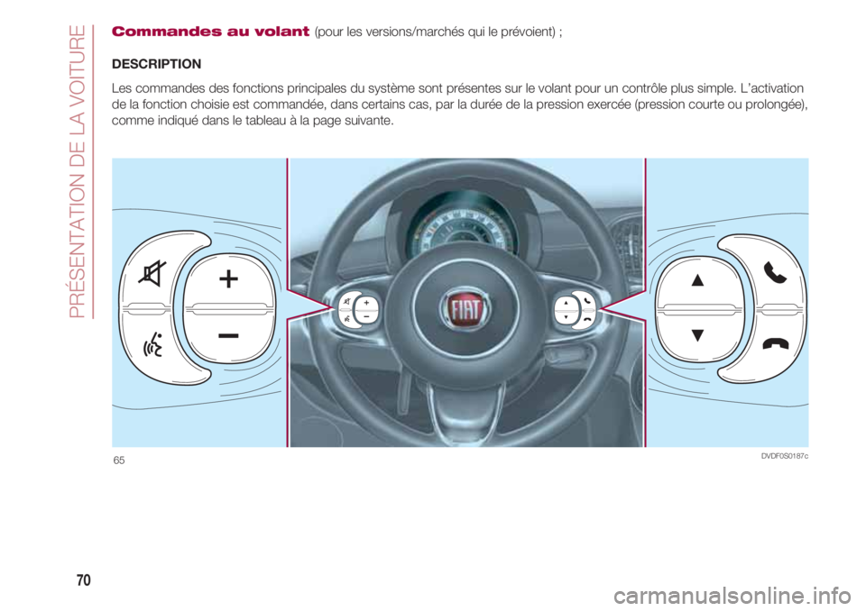 FIAT 500 2018 Notice dentretien (in French) PRÉSENTATION DE LA VOITURE
70
Commandes au volant (pour les versions/marchés qui le prévoient) ;
DESCRIPTION
Les commandes des fonctions principales du système sont présentes sur le volant pour u FIAT 500 2018 Notice dentretien (in French) PRÉSENTATION DE LA VOITURE
70
Commandes au volant (pour les versions/marchés qui le prévoient) ;
DESCRIPTION
Les commandes des fonctions principales du système sont présentes sur le volant pour u
