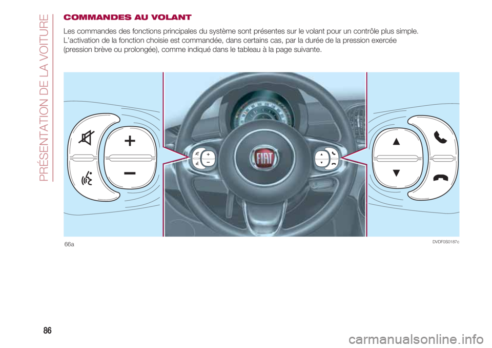 FIAT 500 2018 Notice dentretien (in French) PRÉSENTATION DE LA VOITURE
86
COMMANDES AU VOLANT
Les commandes des fonctions principales du système sont présentes sur le volant pour un contrôle plus simple.
L’activation de la fonction chois FIAT 500 2018 Notice dentretien (in French) PRÉSENTATION DE LA VOITURE
86
COMMANDES AU VOLANT
Les commandes des fonctions principales du système sont présentes sur le volant pour un contrôle plus simple.
L’activation de la fonction chois