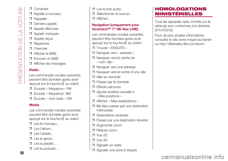 FIAT 500 2018 Notice dentretien (in French) PRÉSENTATION DE LA VOITURE
98
HOMOLOGATIONS
MINISTÉRIELLES
Tous les appareils radio montés sur le
véhicule sont conformes à la directive
2014/53/UE.
Pour de plus amples informations,
consulter le FIAT 500 2018 Notice dentretien (in French) PRÉSENTATION DE LA VOITURE
98
HOMOLOGATIONS
MINISTÉRIELLES
Tous les appareils radio montés sur le
véhicule sont conformes à la directive
2014/53/UE.
Pour de plus amples informations,
consulter le