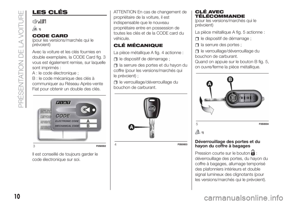 FIAT 500 2020  Notice dentretien (in French) LES CLÉS
1)
CODE CARD
(pour les versions/marchés qui le
prévoient)
Avec la voiture et les clés fournies en
double exemplaire, la CODE Card fig. 3
vous est également remise, sur laquelle
sont impr