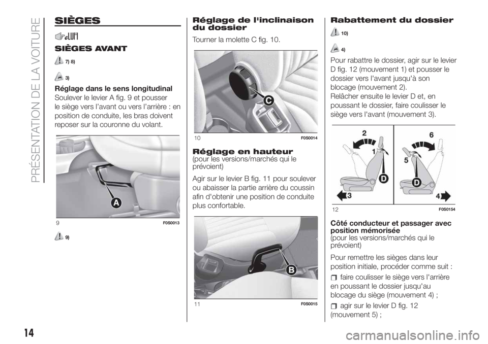FIAT 500 2020  Notice dentretien (in French) SIÈGES
SIÈGES AVANT
7) 8)
3)
Réglage dans le sens longitudinal
Soulever le levier A fig. 9 et pousser
le siège vers l’avant ou vers l’arrière : en
position de conduite, les bras doivent
repos