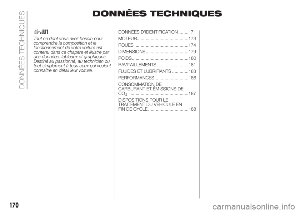 FIAT 500 2019 Notice dentretien (in French) DONNÉES TECHNIQUES
Tout ce dont vous avez besoin pour
comprendre la composition et le
fonctionnement de votre voiture est
contenu dans ce chapitre et illustré par
des données, tableaux et graphique FIAT 500 2019 Notice dentretien (in French) DONNÉES TECHNIQUES
Tout ce dont vous avez besoin pour
comprendre la composition et le
fonctionnement de votre voiture est
contenu dans ce chapitre et illustré par
des données, tableaux et graphique