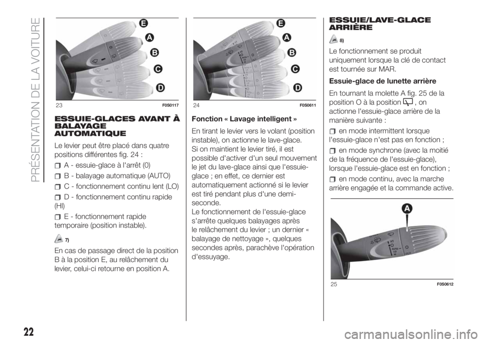 FIAT 500 2020  Notice dentretien (in French) ESSUIE-GLACES AVANT À
BALAYAGE
AUTOMATIQUE
Le levier peut être placé dans quatre
positions différentes fig. 24 :
A - essuie-glace à l'arrêt (0)
B - balayage automatique (AUTO)
C - fonctionne