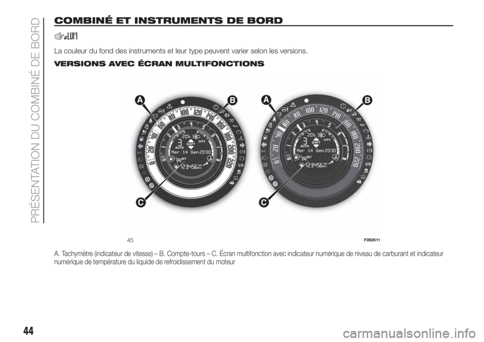 FIAT 500 2020  Notice dentretien (in French) COMBINÉ ET INSTRUMENTS DE BORD
La couleur du fond des instruments et leur type peuvent varier selon les versions..
VERSIONS AVEC ÉCRAN MULTIFONCTIONS
A. Tachymètre (indicateur de vitesse) – B. Co