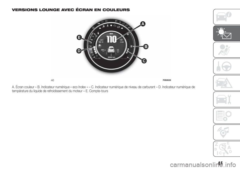 FIAT 500 2019  Notice dentretien (in French) VERSIONS LOUNGE AVEC ÉCRAN EN COULEURS
A. Écran couleur – B. Indicateur numérique « eco Index»–C.Indicateur numérique de niveau de carburant – D. Indicateur numérique de
température du l