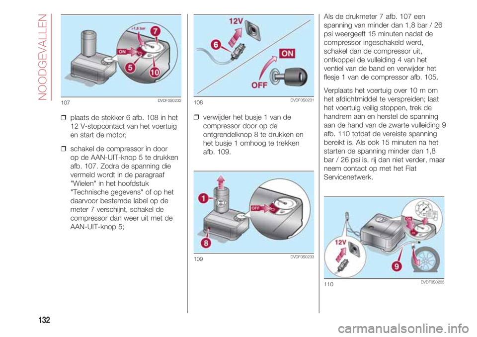FIAT 500 2018  Instructieboek (in Dutch) NOODGEVALLEN
132
❒  plaats de stekker 6 afb. 108 in het
12 V-stopcontact van het voertuig
en start de motor;
❒  schakel de compressor in door 
op de AAN-UIT-knop 5 te drukken
afb. 107. Zodra de sp