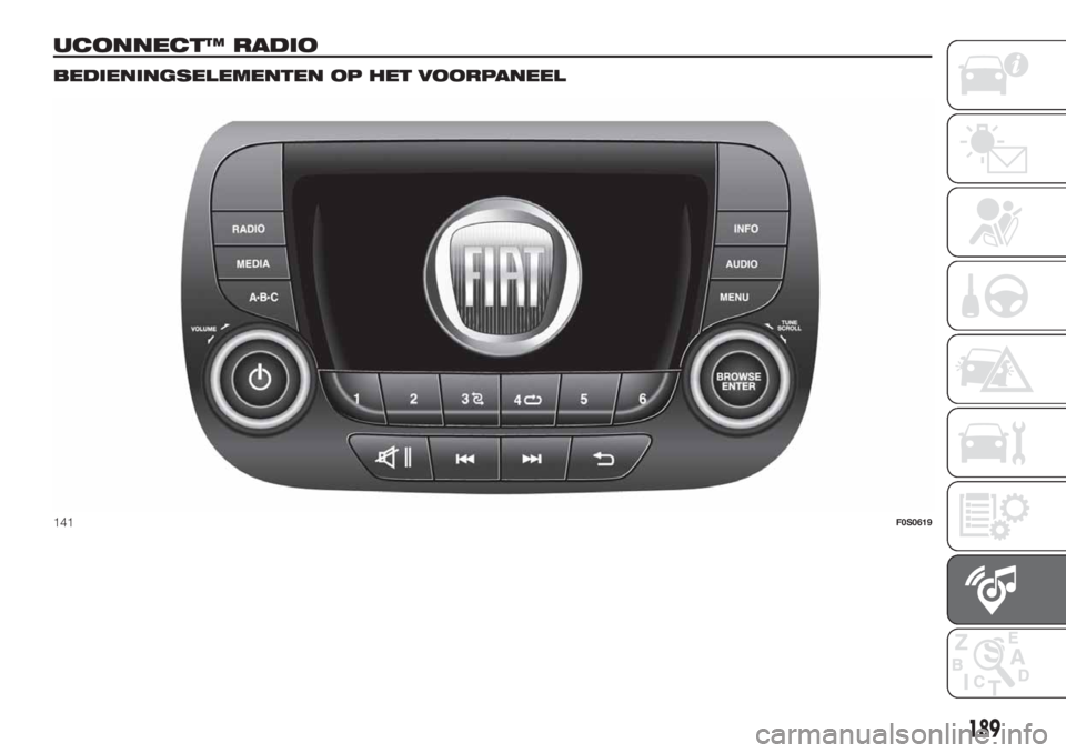 FIAT 500 2019 Instructieboek (in Dutch) UCONNECT™ RADIO.
BEDIENINGSELEMENTEN OP HET VOORPANEEL
141F0S0619
189 FIAT 500 2019 Instructieboek (in Dutch) UCONNECT™ RADIO.
BEDIENINGSELEMENTEN OP HET VOORPANEEL
141F0S0619
189