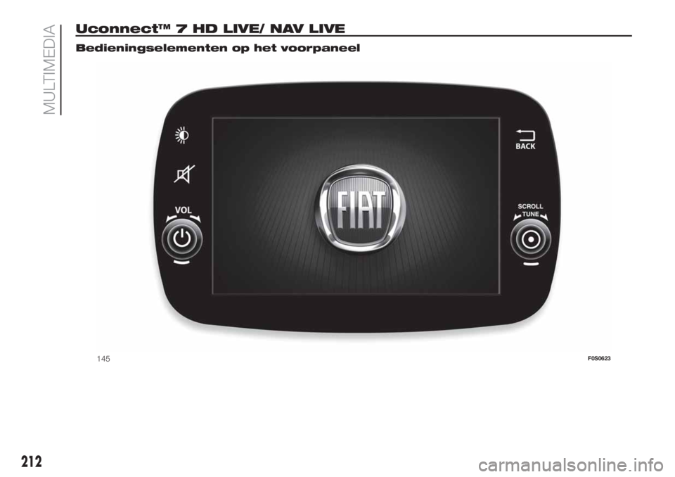 FIAT 500 2019 Instructieboek (in Dutch) Uconnect™ 7 HD LIVE/ NAV LIVE.
Bedieningselementen op het voorpaneel
145F0S0623
212
MULTIMEDIA FIAT 500 2019 Instructieboek (in Dutch) Uconnect™ 7 HD LIVE/ NAV LIVE.
Bedieningselementen op het voorpaneel
145F0S0623
212
MULTIMEDIA