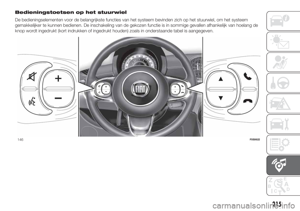 FIAT 500 2019 Instructieboek (in Dutch) Bedieningstoetsen op het stuurwiel
De bedieningselementen voor de belangrijkste functies van het systeem bevinden zich op het stuurwiel, om het systeem
gemakkelijker te kunnen bedienen. De inschakelin FIAT 500 2019 Instructieboek (in Dutch) Bedieningstoetsen op het stuurwiel
De bedieningselementen voor de belangrijkste functies van het systeem bevinden zich op het stuurwiel, om het systeem
gemakkelijker te kunnen bedienen. De inschakelin