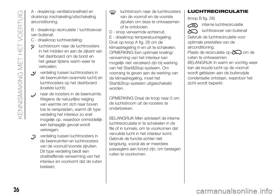 FIAT 500 2020  Instructieboek (in Dutch) A - draaiknop ventilatorsnelheid en
drukknop inschakeling/uitschakeling
airconditioning.
B - draaiknop recirculatie / luchttoevoer
van buitenaf.
C - draaiknop luchtverdeling:
luchtstroom naar de lucht