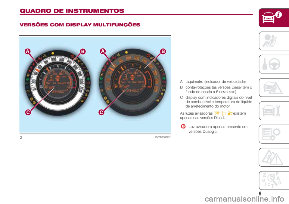 FIAT 500 2018 Manual de Uso e Manutenção (in Portuguese) 9
QUADRO DE INSTRUMENTOS
VERSÕES COM DISPLAY MULTIFUNÇÕES
A taquímetro (indicador de velocidade)
B conta-rotações (as versões Diesel têm o
fundo de escala a 6
RPMX1000)
C display com in FIAT 500 2018 Manual de Uso e Manutenção (in Portuguese) 9
QUADRO DE INSTRUMENTOS
VERSÕES COM DISPLAY MULTIFUNÇÕES
A taquímetro (indicador de velocidade)
B conta-rotações (as versões Diesel têm o
fundo de escala a 6
RPMX1000)
C display com in