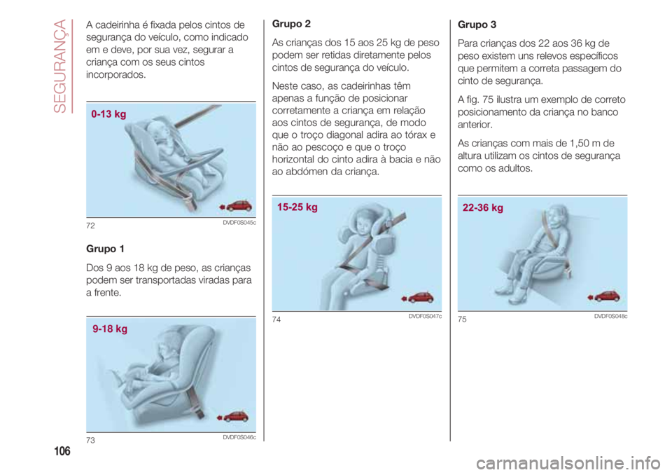 FIAT 500 2018 Manual de Uso e Manutenção (in Portuguese) SEGURANÇA
106
A cadeirinha é fixada pelos cintos de
segurança do veículo, como indicado
em e deve, por sua vez, segurar a
criança com os seus cintos
incorporados.
Grupo 1
Dos 9 aos 18 kg de peso, FIAT 500 2018 Manual de Uso e Manutenção (in Portuguese) SEGURANÇA
106
A cadeirinha é fixada pelos cintos de
segurança do veículo, como indicado
em e deve, por sua vez, segurar a
criança com os seus cintos
incorporados.
Grupo 1
Dos 9 aos 18 kg de peso,