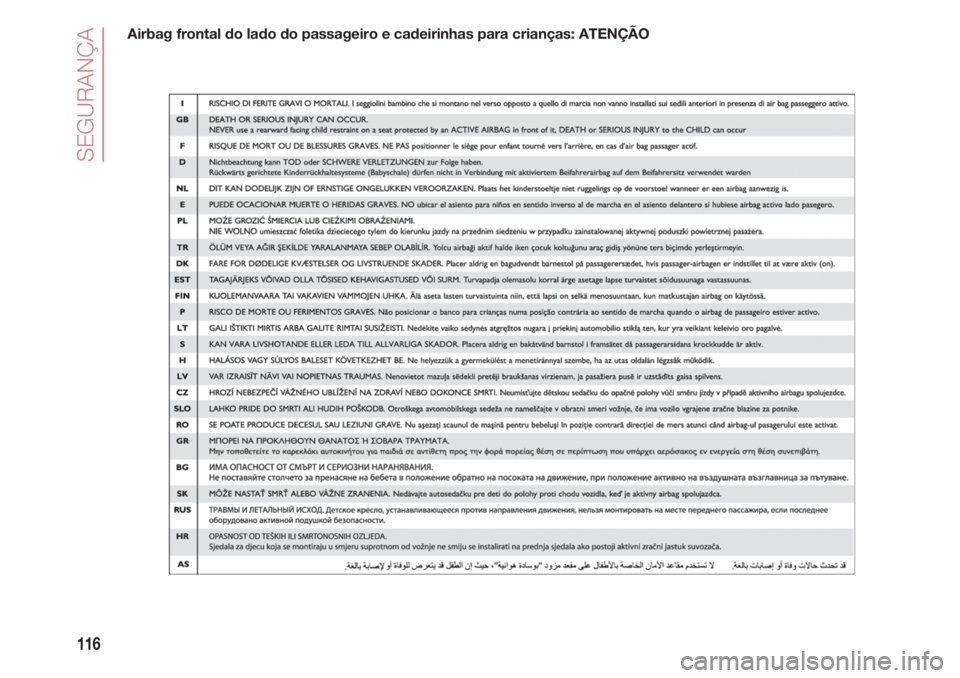 FIAT 500 2018 Manual de Uso e Manutenção (in Portuguese) SEGURANÇA
116
Airbag frontal do lado do passageiro e cadeirinhas para crianças: ATENÇÃO FIAT 500 2018 Manual de Uso e Manutenção (in Portuguese) SEGURANÇA
116
Airbag frontal do lado do passageiro e cadeirinhas para crianças: ATENÇÃO