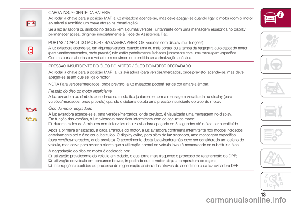 FIAT 500 2018 Manual de Uso e Manutenção (in Portuguese) 13
PRESSÃO INSUFICIENTE DO ÓLEO DO MOTOR / ÓLEO DO MOTOR DEGRADADO
Ao rodar a chave para a posição MAR, a luz avisadora (para versões/mercados, onde previsto) acende-se, mas deve
apagar-se assim FIAT 500 2018 Manual de Uso e Manutenção (in Portuguese) 13
PRESSÃO INSUFICIENTE DO ÓLEO DO MOTOR / ÓLEO DO MOTOR DEGRADADO
Ao rodar a chave para a posição MAR, a luz avisadora (para versões/mercados, onde previsto) acende-se, mas deve
apagar-se assim