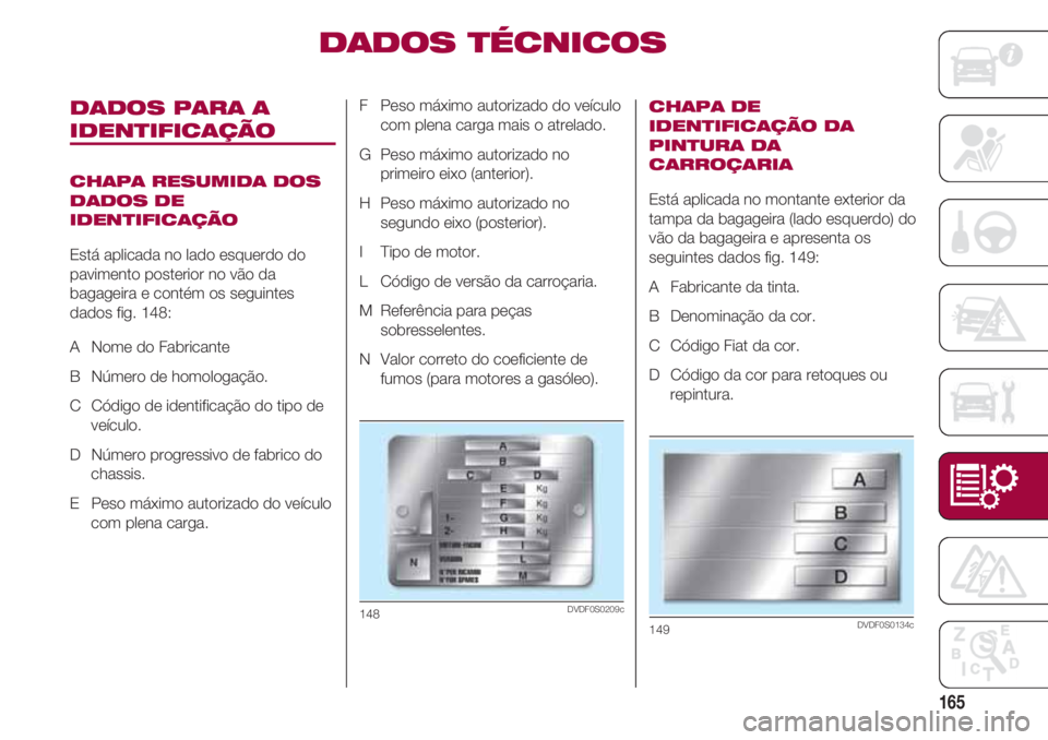 FIAT 500 2018 Manual de Uso e Manutenção (in Portuguese) 165
DADOS TÉCNICOS
DADOS PARA A
IDENTIFICAÇÃO
CHAPA RESUMIDA DOS
DADOS DE
IDENTIFICAÇÃO
Está aplicada no lado esquerdo do
pavimento posterior no vão da
bagageira e contém os seguintes
dados fi FIAT 500 2018 Manual de Uso e Manutenção (in Portuguese) 165
DADOS TÉCNICOS
DADOS PARA A
IDENTIFICAÇÃO
CHAPA RESUMIDA DOS
DADOS DE
IDENTIFICAÇÃO
Está aplicada no lado esquerdo do
pavimento posterior no vão da
bagageira e contém os seguintes
dados fi