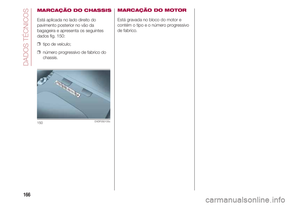 FIAT 500 2018 Manual de Uso e Manutenção (in Portuguese) DADOS TÉCNICOS
166
MARCAÇÃO DO CHASSIS
Está aplicada no lado direito do
pavimento posterior no vão da
bagageira e apresenta os seguintes
dados fig. 150:
❒ tipo de veículo;
❒ número progre FIAT 500 2018 Manual de Uso e Manutenção (in Portuguese) DADOS TÉCNICOS
166
MARCAÇÃO DO CHASSIS
Está aplicada no lado direito do
pavimento posterior no vão da
bagageira e apresenta os seguintes
dados fig. 150:
❒ tipo de veículo;
❒ número progre