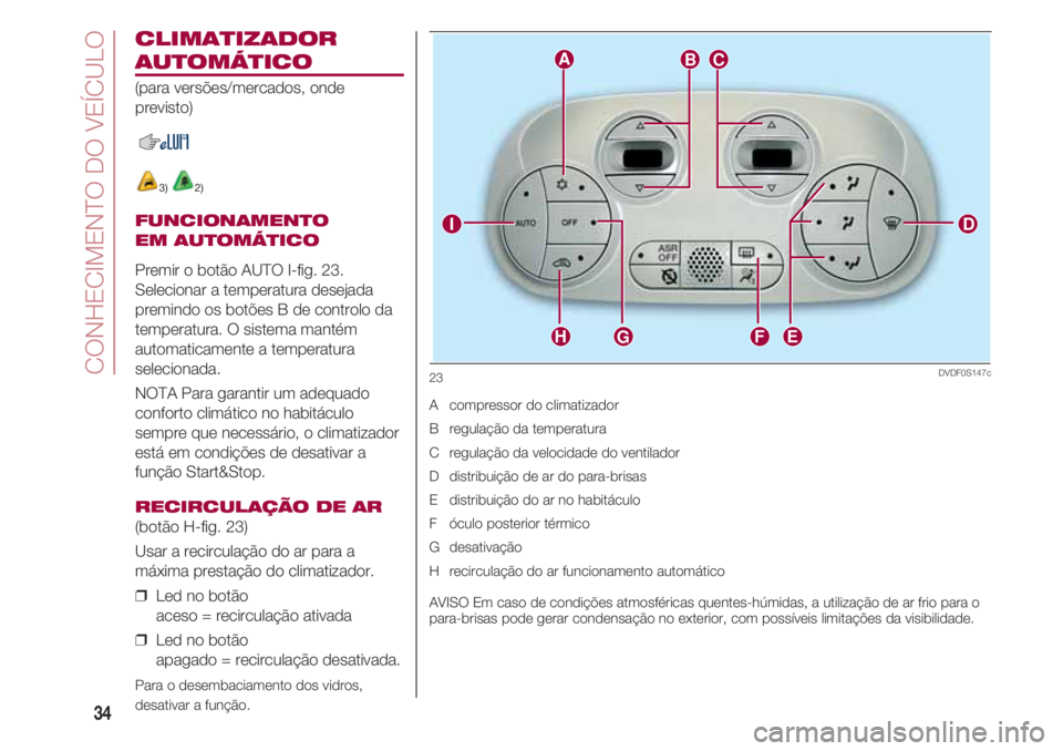 FIAT 500 2018 Manual de Uso e Manutenção (in Portuguese) CONHECIMENTO DO VEÍCULO
34
CLIMATIZADOR
AUTOMÁTICO
(para versões/mercados, onde
previsto)
3) 2)
FUNCIONAMENTO
EM AUTOMÁTICO
Premir o botão AUTO I-fig. 23.
Selecionar a temperatura desejada
premi FIAT 500 2018 Manual de Uso e Manutenção (in Portuguese) CONHECIMENTO DO VEÍCULO
34
CLIMATIZADOR
AUTOMÁTICO
(para versões/mercados, onde
previsto)
3) 2)
FUNCIONAMENTO
EM AUTOMÁTICO
Premir o botão AUTO I-fig. 23.
Selecionar a temperatura desejada
premi
