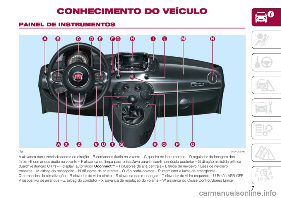 FIAT 500 2018 Manual de Uso e Manutenção (in Portuguese) 7
PAINEL DE INSTRUMENTOS
CONHECIMENTO DO VEÍCULO
1a
A alavanca das luzes/indicadores de direção – B comandos áudio no volante – C quadro de instrumentos – D regulador da focagem dos
faróis FIAT 500 2018 Manual de Uso e Manutenção (in Portuguese) 7
PAINEL DE INSTRUMENTOS
CONHECIMENTO DO VEÍCULO
1a
A alavanca das luzes/indicadores de direção – B comandos áudio no volante – C quadro de instrumentos – D regulador da focagem dos
faróis