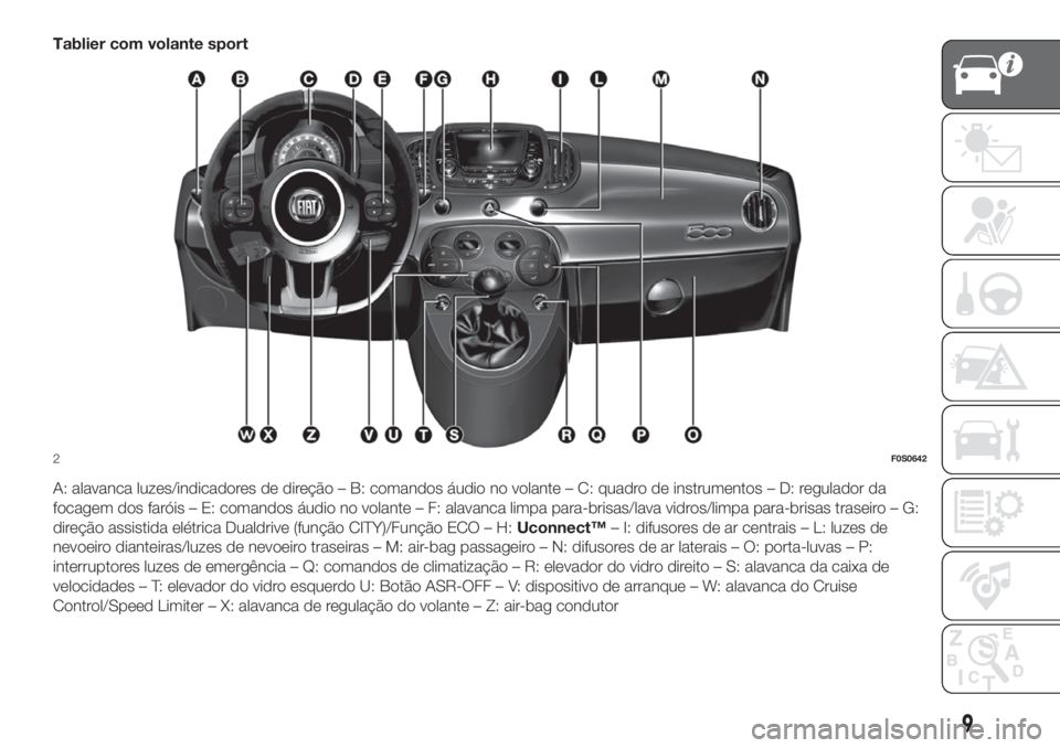 FIAT 500 2020 Manual de Uso e Manutenção (in Portuguese) Tablier com volante sport
A: alavanca luzes/indicadores de direção – B: comandos áudio no volante – C: quadro de instrumentos – D: regulador da
focagem dos faróis – E: comandos áudio no v FIAT 500 2020 Manual de Uso e Manutenção (in Portuguese) Tablier com volante sport
A: alavanca luzes/indicadores de direção – B: comandos áudio no volante – C: quadro de instrumentos – D: regulador da
focagem dos faróis – E: comandos áudio no v