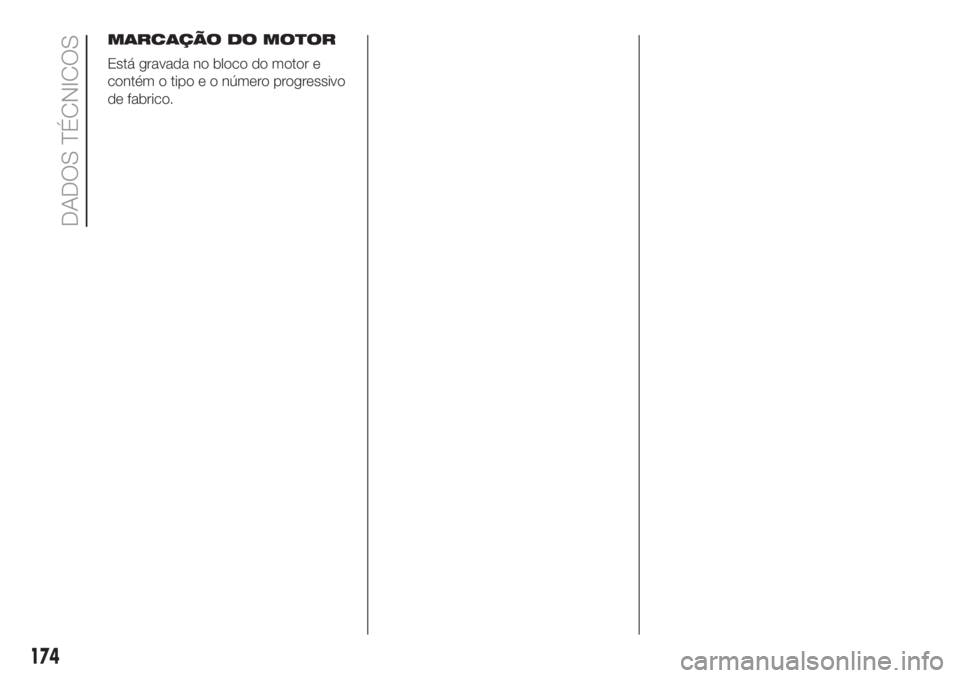 FIAT 500 2019 Manual de Uso e Manutenção (in Portuguese) MARCAÇÃO DO MOTOR
Está gravada no bloco do motor e
contém o tipo e o número progressivo
de fabrico.
174
DADOS TÉCNICOS FIAT 500 2019 Manual de Uso e Manutenção (in Portuguese) MARCAÇÃO DO MOTOR
Está gravada no bloco do motor e
contém o tipo e o número progressivo
de fabrico.
174
DADOS TÉCNICOS