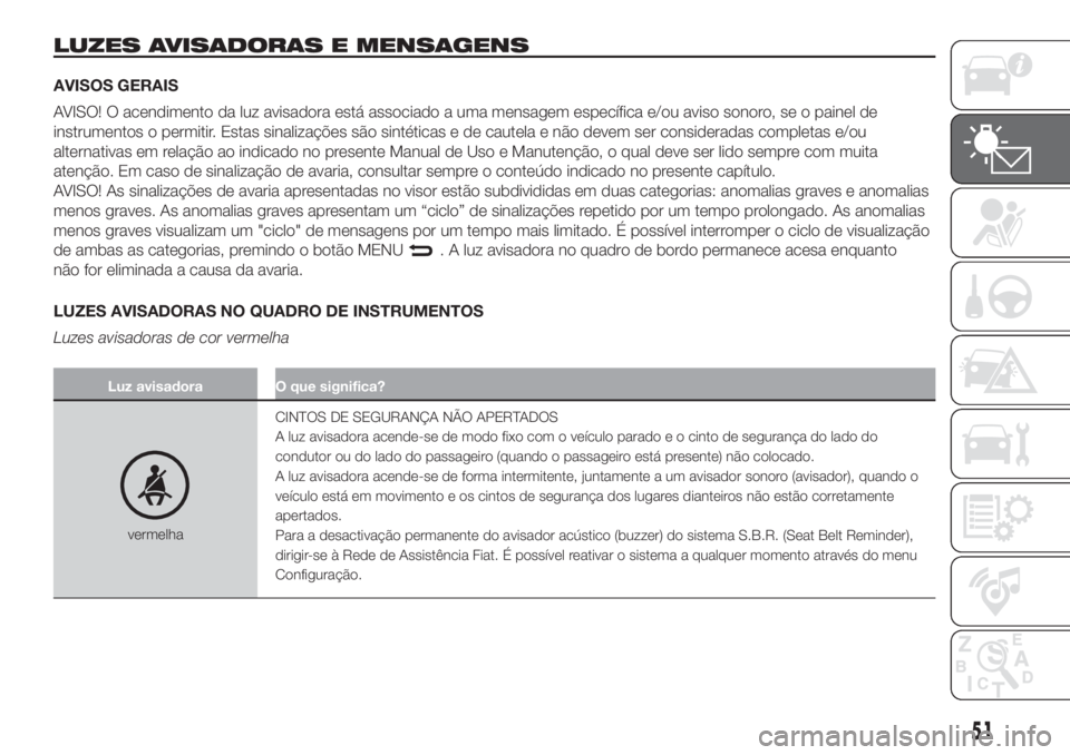 FIAT 500 2019 Manual de Uso e Manutenção (in Portuguese) LUZES AVISADORAS E MENSAGENS
AVISOS GERAIS
AVISO! O acendimento da luz avisadora está associado a uma mensagem específica e/ou aviso sonoro, se o painel de
instrumentos o permitir. Estas sinalizaç FIAT 500 2019 Manual de Uso e Manutenção (in Portuguese) LUZES AVISADORAS E MENSAGENS
AVISOS GERAIS
AVISO! O acendimento da luz avisadora está associado a uma mensagem específica e/ou aviso sonoro, se o painel de
instrumentos o permitir. Estas sinalizaç