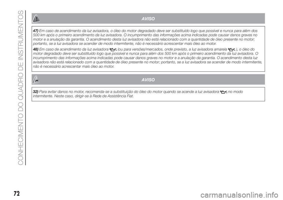FIAT 500 2019 Manual de Uso e Manutenção (in Portuguese) AVISO
47)Em caso de acendimento da luz avisadora, o óleo do motor degradado deve ser substituído logo que possível e nunca para além dos
500 km após o primeiro acendimento da luz avisadora. O inc FIAT 500 2019 Manual de Uso e Manutenção (in Portuguese) AVISO
47)Em caso de acendimento da luz avisadora, o óleo do motor degradado deve ser substituído logo que possível e nunca para além dos
500 km após o primeiro acendimento da luz avisadora. O inc
