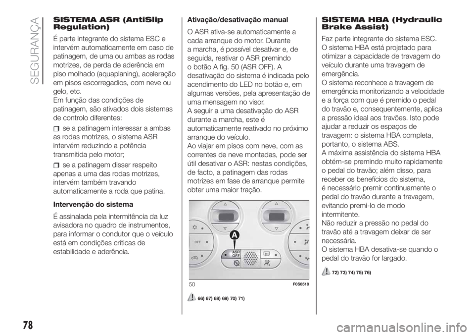 FIAT 500 2019 Manual de Uso e Manutenção (in Portuguese) SISTEMA ASR (AntiSlip
Regulation)
É parte integrante do sistema ESC e
intervém automaticamente em caso de
patinagem, de uma ou ambas as rodas
motrizes, de perda de aderência em
piso molhado (aquapl FIAT 500 2019 Manual de Uso e Manutenção (in Portuguese) SISTEMA ASR (AntiSlip
Regulation)
É parte integrante do sistema ESC e
intervém automaticamente em caso de
patinagem, de uma ou ambas as rodas
motrizes, de perda de aderência em
piso molhado (aquapl
