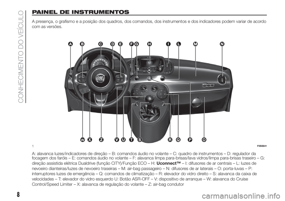 FIAT 500 2020 Manual de Uso e Manutenção (in Portuguese) PAINEL DE INSTRUMENTOS
A presença, o grafismo e a posição dos quadros, dos comandos, dos instrumentos e dos indicadores podem variar de acordo
com as versões.
A: alavanca luzes/indicadores de dire FIAT 500 2020 Manual de Uso e Manutenção (in Portuguese) PAINEL DE INSTRUMENTOS
A presença, o grafismo e a posição dos quadros, dos comandos, dos instrumentos e dos indicadores podem variar de acordo
com as versões.
A: alavanca luzes/indicadores de dire