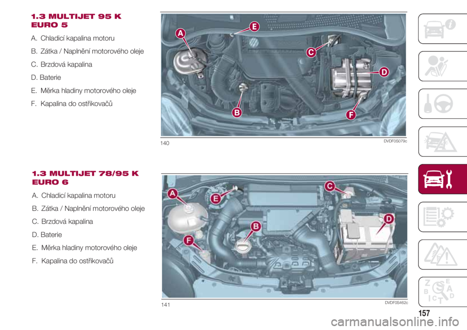 FIAT 500 2018  Návod k použití a údržbě (in Czech) 157
1.3 MULTIJET 95 K
EURO 5
A.  Chladicí kapalina motoru 
B.  Zátka / Naplnění motorového oleje 
C.  Brzdová kapalina
D. Baterie
E.  Měrka hladiny motorového oleje 
F.  Kapalina do ostřikova