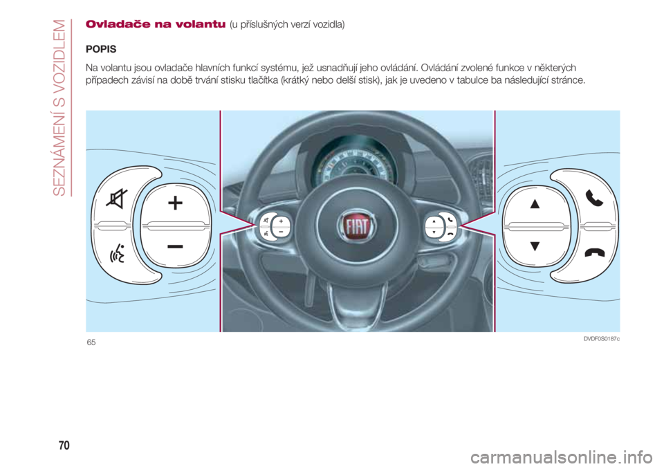 FIAT 500 2018 Návod k použití a údržbě (in Czech) SEZNÁMENÍ S VOZIDLEM
70
Ovladače na volantu (u příslušných verzí vozidla)
POPIS
Na volantu jsou ovladače hlavních funkcí systému, jež usnadňují jeho ovládání. Ovládání zvolené fu FIAT 500 2018 Návod k použití a údržbě (in Czech) SEZNÁMENÍ S VOZIDLEM
70
Ovladače na volantu (u příslušných verzí vozidla)
POPIS
Na volantu jsou ovladače hlavních funkcí systému, jež usnadňují jeho ovládání. Ovládání zvolené fu