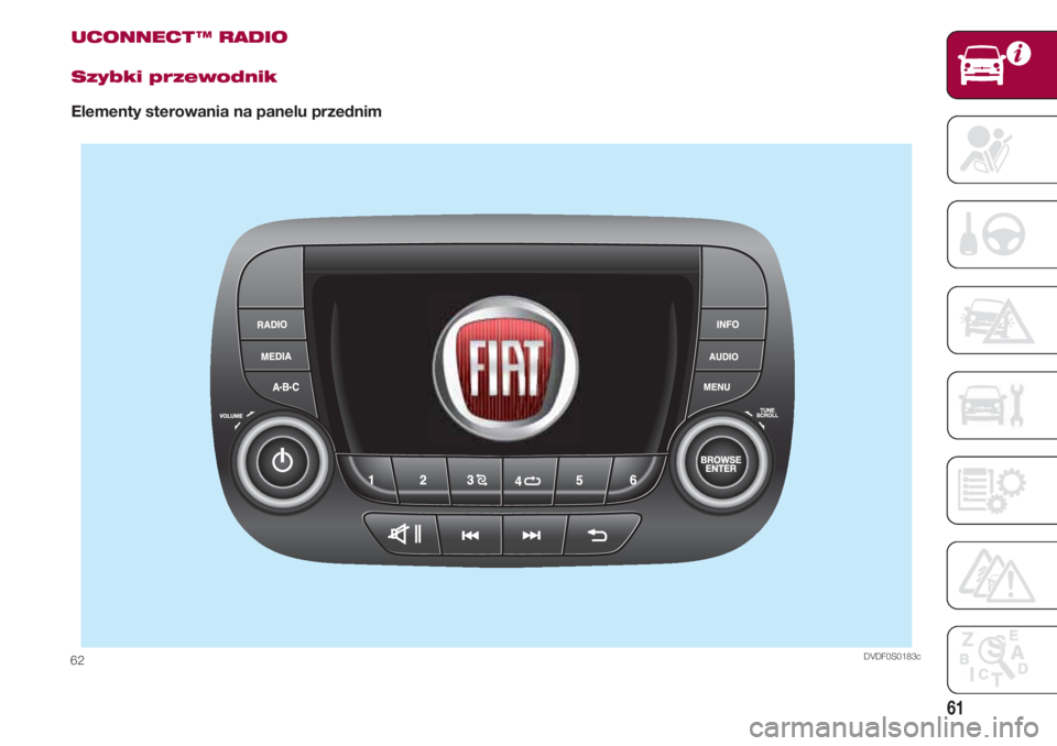 FIAT 500 2018 Instrukcja obsługi (in Polish) 61
UCONNECT ™ RADIO
Szybki przewodnik
Elementy sterowania na panelu przednim
DVDF0S0183c62 FIAT 500 2018 Instrukcja obsługi (in Polish) 61
UCONNECT ™ RADIO
Szybki przewodnik
Elementy sterowania na panelu przednim
DVDF0S0183c62