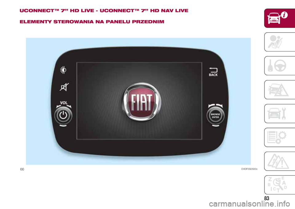 FIAT 500 2018 Instrukcja obsługi (in Polish) 83
UCONNECT ™ 7” HD LIVE - UCONNECT ™ 7” HD NAV LIVE
ELEMENTY STEROWANIA NA PANELU PRZEDNIM
DVDF0S0500c66 FIAT 500 2018 Instrukcja obsługi (in Polish) 83
UCONNECT ™ 7” HD LIVE - UCONNECT ™ 7” HD NAV LIVE
ELEMENTY STEROWANIA NA PANELU PRZEDNIM
DVDF0S0500c66