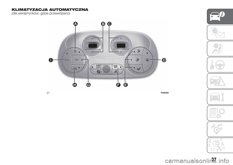 FIAT 500 2019 Instrukcja obsługi (in Polish) KLIMATYZACJA AUTOMATYCZNA
(dla wersji/rynków, gdzie przewidziano)
27F0S0595
27 FIAT 500 2019 Instrukcja obsługi (in Polish) KLIMATYZACJA AUTOMATYCZNA
(dla wersji/rynków, gdzie przewidziano)
27F0S0595
27