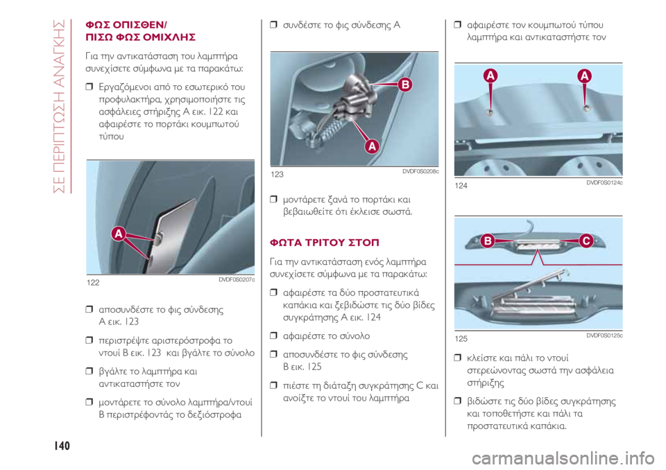 FIAT 500 2018 ΒΙΒΛΙΟ ΧΡΗΣΗΣ ΚΑΙ ΣΥΝΤΗΡΗΣΗΣ (in Greek) ΣΕ ΠΕΡΙΠΤΩΣΗ ΑΝΑΓΚΗΣ
140
ΦΩΣ ΟΠΙΣΘΕΝ/
ΠΙΣΩ ΦΩΣ ΟΜΙΧΛΗΣ
Για την αντικατάσταση του λαμπτήρα
συνεχίσετε σύμφωνα μ FIAT 500 2018 ΒΙΒΛΙΟ ΧΡΗΣΗΣ ΚΑΙ ΣΥΝΤΗΡΗΣΗΣ (in Greek) ΣΕ ΠΕΡΙΠΤΩΣΗ ΑΝΑΓΚΗΣ
140
ΦΩΣ ΟΠΙΣΘΕΝ/
ΠΙΣΩ ΦΩΣ ΟΜΙΧΛΗΣ
Για την αντικατάσταση του λαμπτήρα
συνεχίσετε σύμφωνα μ