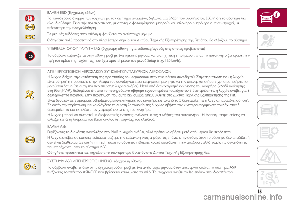 FIAT 500 2018  ΒΙΒΛΙΟ ΧΡΗΣΗΣ ΚΑΙ ΣΥΝΤΗΡΗΣΗΣ (in Greek) 15
ΒΛΑΒΗ EBD (Έγχρωμη οθόνη)
Το ταυτόχρονο άναμμα των λυχνιών με τον κινητήρα αναμμένο, δηλώνει μία βλάβη του συσ