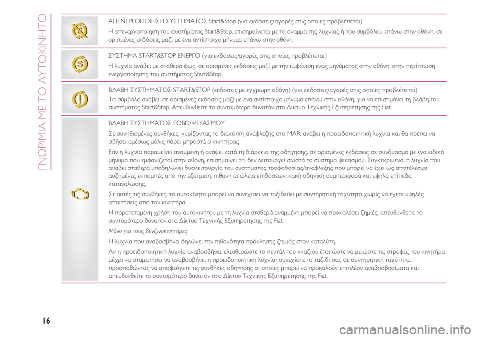 FIAT 500 2018  ΒΙΒΛΙΟ ΧΡΗΣΗΣ ΚΑΙ ΣΥΝΤΗΡΗΣΗΣ (in Greek) ΓΝΩΡΙΜΙΑ ΜΕ ΤΟ ΑΥΤΟΚΙΝΗΤΟ
16
ΑΠΕΝΕΡΓΟΠΟΙΗΣΗ ΣΥΣΤΗΜΑΤΟΣ Start&Stop (για εκδόσεις/αγορές στις οποίες προβλέπεται)
Η �