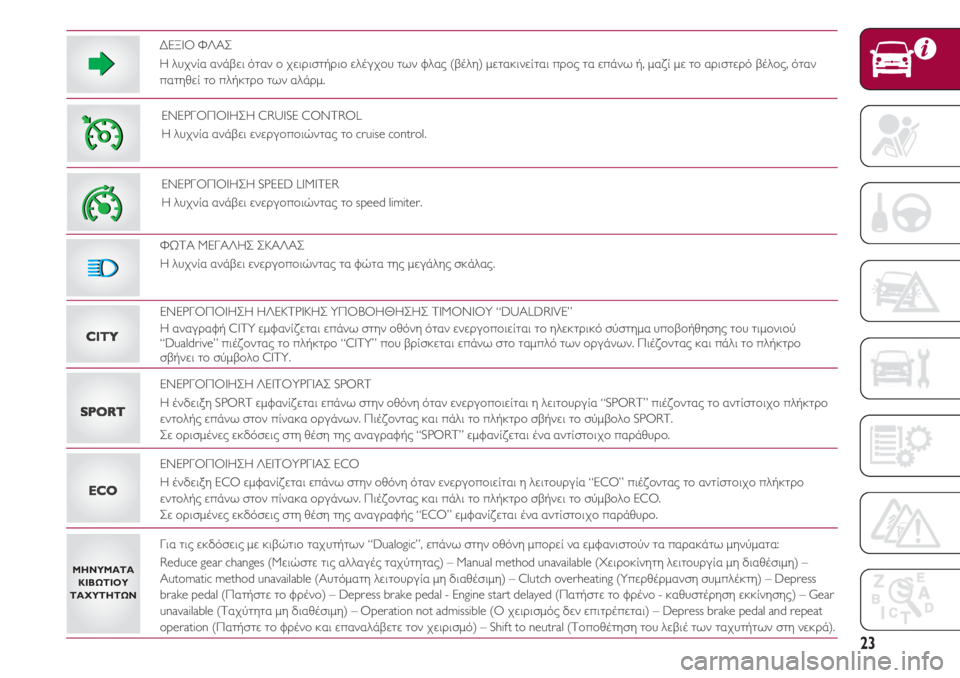 FIAT 500 2018  ΒΙΒΛΙΟ ΧΡΗΣΗΣ ΚΑΙ ΣΥΝΤΗΡΗΣΗΣ (in Greek) 23
ΔΕΞΙΟ ΦΛΑΣ
Η λυχνία ανάβει όταν ο χειριστήριο ελέγχου των φλας (βέλη) μετακινείται προς τα επάνω ή, μαζί με τ�
