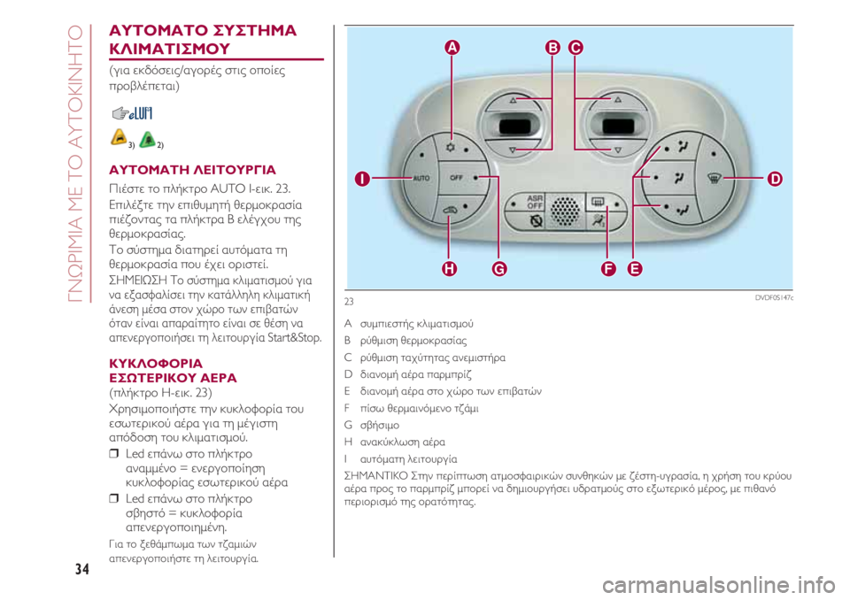 FIAT 500 2018  ΒΙΒΛΙΟ ΧΡΗΣΗΣ ΚΑΙ ΣΥΝΤΗΡΗΣΗΣ (in Greek) ΓΝΩΡΙΜΙΑ ΜΕ ΤΟ ΑΥΤΟΚΙΝΗΤΟ
34
ΑΥΤΟΜΑΤΟ ΣΥΣΤΗΜΑ
ΚΛΙΜΑΤΙΣΜΟΥ
(για εκδόσεις/αγορές στις οποίες
προβλέπεται)
3) 2)
ΑΥ