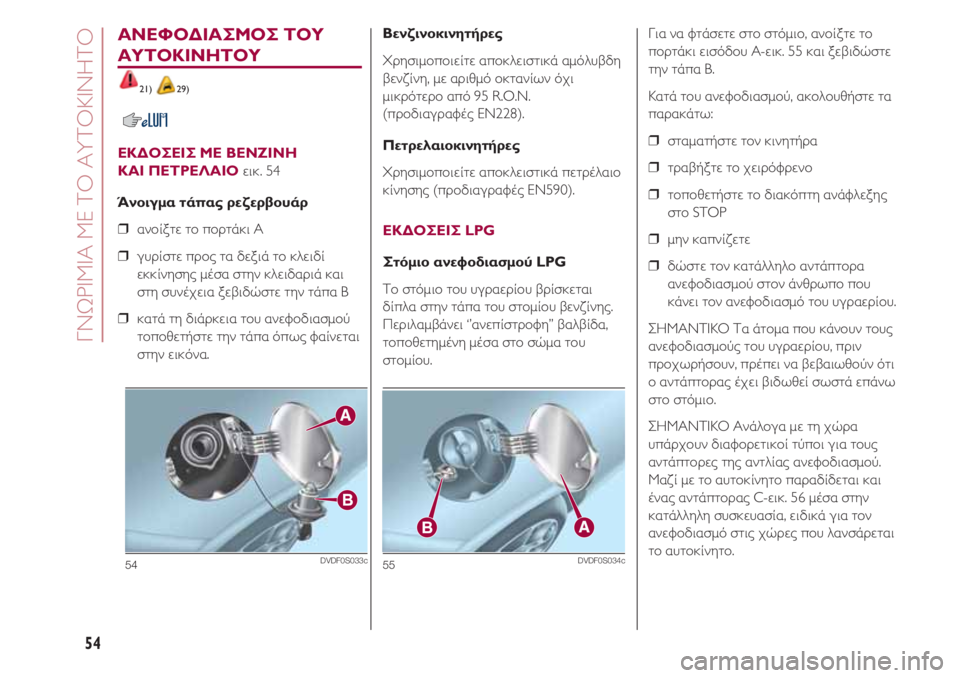 FIAT 500 2018  ΒΙΒΛΙΟ ΧΡΗΣΗΣ ΚΑΙ ΣΥΝΤΗΡΗΣΗΣ (in Greek) ΓΝΩΡΙΜΙΑ ΜΕ ΤΟ ΑΥΤΟΚΙΝΗΤΟ
54
ΑΝΕΦΟΔΙΑΣΜΟΣ ΤΟΥ
ΑΥΤΟΚΙΝΗΤΟΥ
21) 29)
ΕΚΔΟΣΕΙΣ ΜΕ ΒΕΝΖΙΝΗ 
ΚΑΙ ΠΕΤΡΕΛΑΙΟ 
εικ. 54
Άνοιγ