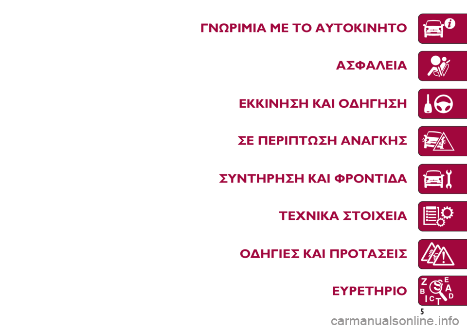 FIAT 500 2018 ΒΙΒΛΙΟ ΧΡΗΣΗΣ ΚΑΙ ΣΥΝΤΗΡΗΣΗΣ (in Greek) 5
ΓΝΩΡΙΜΙΑ ΜΕ ΤΟ ΑΥΤΟΚΙΝΗΤΟ
ΑΣΦΑΛΕΙΑ
ΕΚΚΙΝΗΣΗ ΚΑΙ ΟΔΗΓΗΣΗ
ΣΕ ΠΕΡΙΠΤΩΣΗ ΑΝΑΓΚΗΣ
ΣΥΝΤΗΡΗΣΗ ΚΑΙ ΦΡΟΝΤΙΔΑ
ΤΕΧΝΙΚ FIAT 500 2018 ΒΙΒΛΙΟ ΧΡΗΣΗΣ ΚΑΙ ΣΥΝΤΗΡΗΣΗΣ (in Greek) 5
ΓΝΩΡΙΜΙΑ ΜΕ ΤΟ ΑΥΤΟΚΙΝΗΤΟ
ΑΣΦΑΛΕΙΑ
ΕΚΚΙΝΗΣΗ ΚΑΙ ΟΔΗΓΗΣΗ
ΣΕ ΠΕΡΙΠΤΩΣΗ ΑΝΑΓΚΗΣ
ΣΥΝΤΗΡΗΣΗ ΚΑΙ ΦΡΟΝΤΙΔΑ
ΤΕΧΝΙΚ