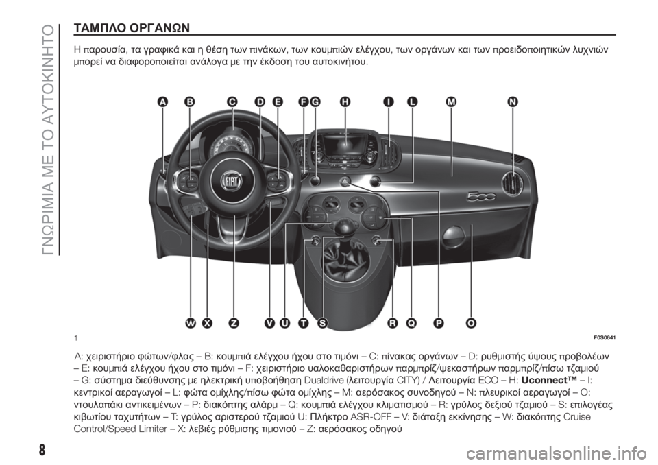 FIAT 500 2019  ΒΙΒΛΙΟ ΧΡΗΣΗΣ ΚΑΙ ΣΥΝΤΗΡΗΣΗΣ (in Greek) ΤΑΜΠΛΟ ΟΡΓΑΝΩΝ
Ηπαρουσία,τα γραφικά και η θέση τωνπινάκων,των κουμπιών ελέγχου,των οργάνων και τωνπροειδοπο�