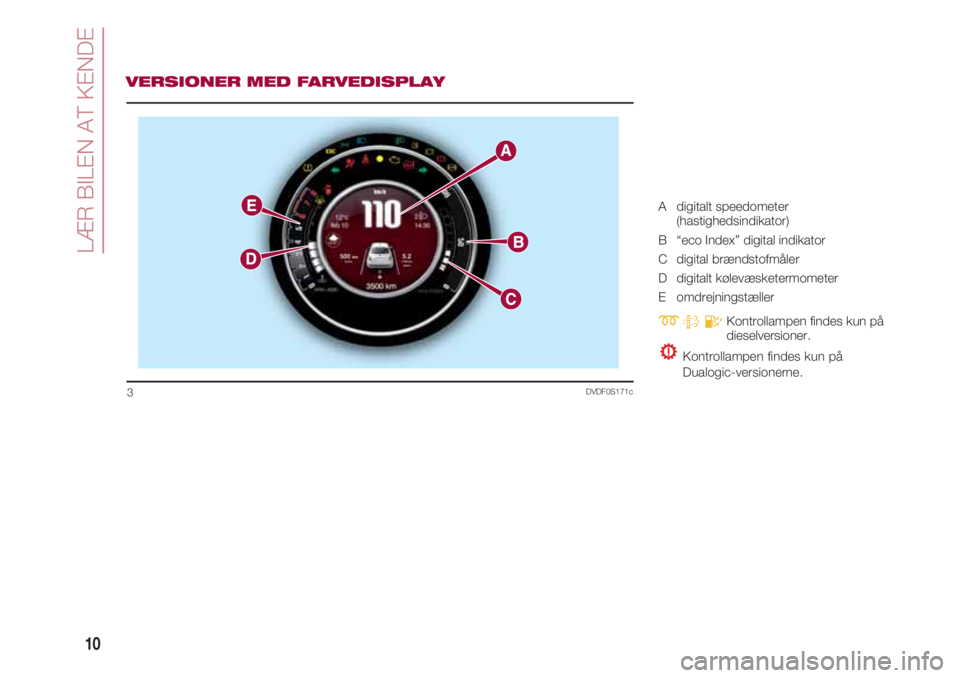FIAT 500 2018  Brugs- og vedligeholdelsesvejledning (in Danish) LÆR BILEN AT KENDE
10
DVDF0S171c3
VERSIONER MED FARVEDISPLAY
A   digitalt speedometer
(hastighedsindikator)
B   “eco Index” digital indikator
C   digital brændstofmåler
D   digitalt kølevæske