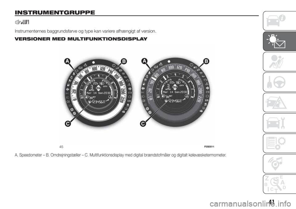 FIAT 500 2020 Brugs- og vedligeholdelsesvejledning (in Danish) INSTRUMENTGRUPPE
Instrumenternes baggrundsfarve og type kan variere afhængigt af version..
VERSIONER MED MULTIFUNKTIONSDISPLAY
A. Speedometer – B. Omdrejningstæller – C. Multifunktionsdisplay me FIAT 500 2020 Brugs- og vedligeholdelsesvejledning (in Danish) INSTRUMENTGRUPPE
Instrumenternes baggrundsfarve og type kan variere afhængigt af version..
VERSIONER MED MULTIFUNKTIONSDISPLAY
A. Speedometer – B. Omdrejningstæller – C. Multifunktionsdisplay me