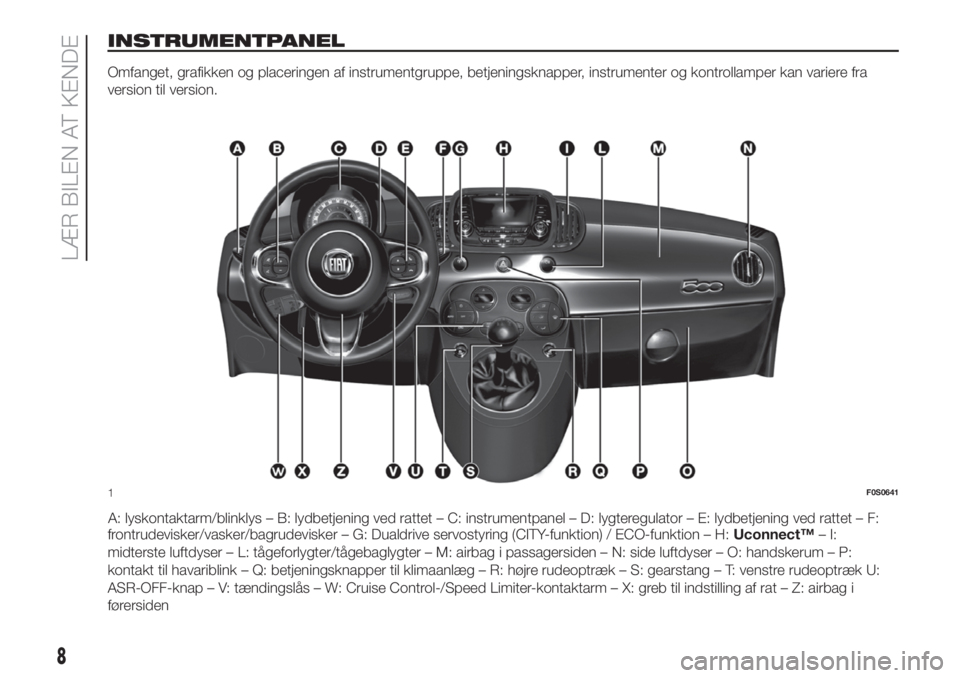 FIAT 500 2019  Brugs- og vedligeholdelsesvejledning (in Danish) INSTRUMENTPANEL
Omfanget, grafikken og placeringen af instrumentgruppe, betjeningsknapper, instrumenter og kontrollamper kan variere fra
version til version.
A: lyskontaktarm/blinklys – B: lydbetjen