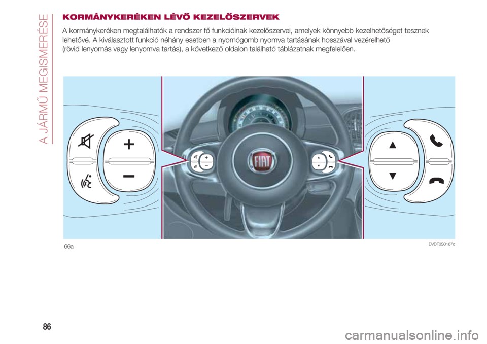 FIAT 500 2018  Kezelési és karbantartási útmutató (in Hungarian) A JÁRMŰ MEGISMERÉSE
86
KORMÁNYKERÉKEN LÉVŐ KEZELŐSZERVEK
A kormánykeréken megtalálhatók a rendszer fő funkcióinak kezelőszervei, amelyek könnyebb kezelhetőséget tesznek
lehetővé. A