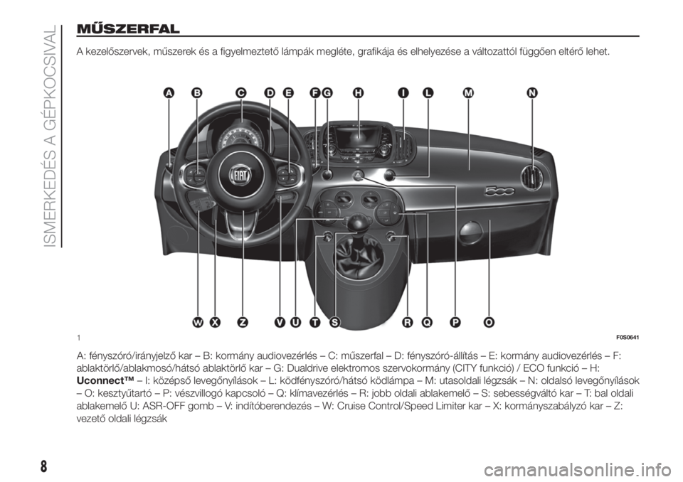 FIAT 500 2020  Kezelési és karbantartási útmutató (in Hungarian) MŰSZERFAL
A kezelőszervek, műszerek és a figyelmeztető lámpák megléte, grafikája és elhelyezése a változattól függően eltérő lehet.
A: fényszóró/irányjelző kar – B: kormány au