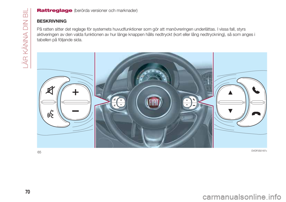 FIAT 500 2018 Drift- och underhållshandbok (in Swedish) LÄR KÄNNA DIN BIL
70
Rattreglage (berörda versioner och marknader)
BESKRIVNING
På ratten sitter det reglage för systemets huvudfunktioner som gör att manövreringen underlättas. I vissa fall, s FIAT 500 2018 Drift- och underhållshandbok (in Swedish) LÄR KÄNNA DIN BIL
70
Rattreglage (berörda versioner och marknader)
BESKRIVNING
På ratten sitter det reglage för systemets huvudfunktioner som gör att manövreringen underlättas. I vissa fall, s