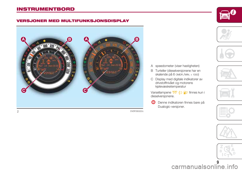 FIAT 500 2018  Drift- og vedlikeholdshåndbok (in Norwegian) 9
INSTRUMENTBORD
VERSJONER MED MULTIFUNKSJONSDISPLAY
DVDF0S0222c2
A   speedometer (viser hastigheten)
B   Turteller (dieselversjonene har en
skalende på 6 
OMDR./MIN.X1000)
C   Display med digitale i