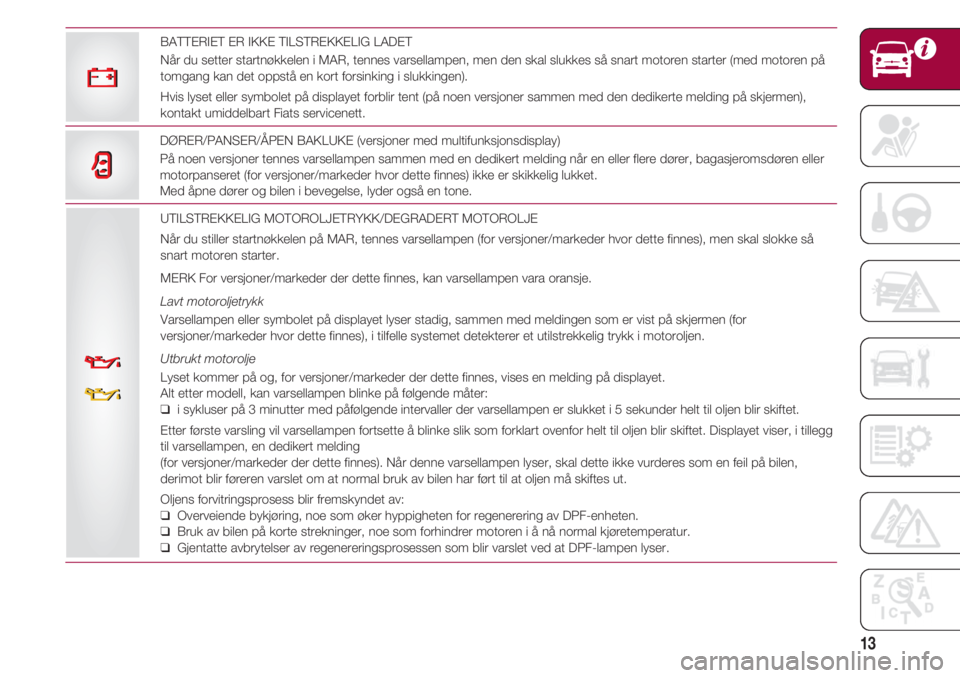 FIAT 500 2018  Drift- og vedlikeholdshåndbok (in Norwegian) 13
UTILSTREKKELIG MOTOROLJETRYKK/DEGRADERT MOTOROLJE
Når du stiller startnøkkelen på MAR, tennes varsellampen (for versjoner/markeder hvor dette finnes), men skal slokke så
snart motoren starter.
