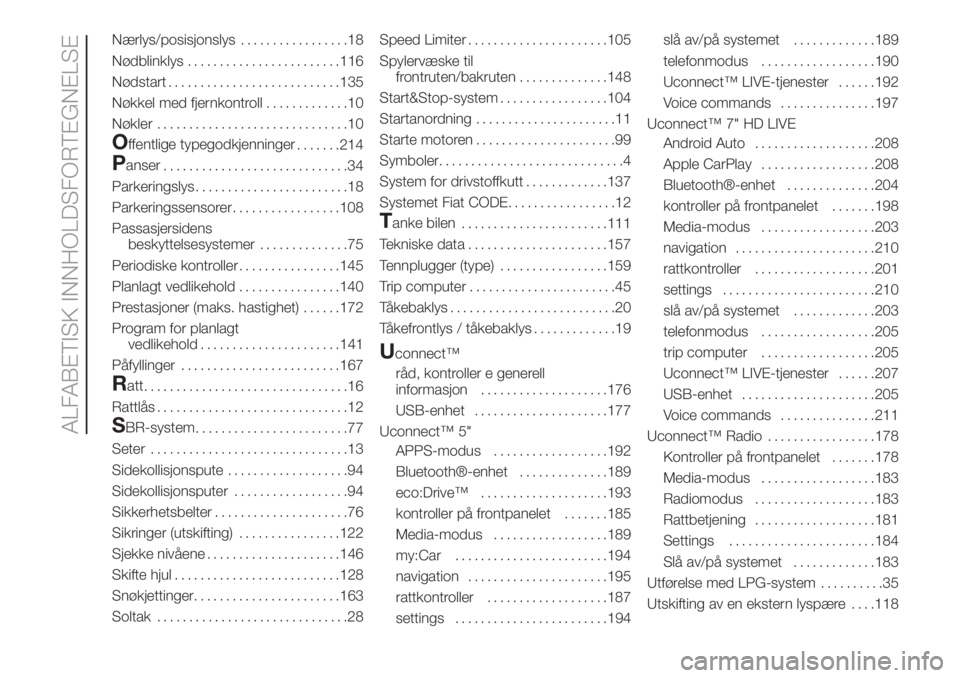 FIAT 500 2019  Drift- og vedlikeholdshåndbok (in Norwegian) Nærlys/posisjonslys.................18
Nødblinklys........................116
Nødstart...........................135
Nøkkel med fjernkontroll.............10
Nøkler..............................10